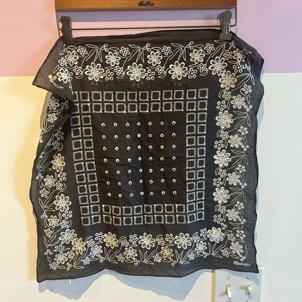 Madewell Black Scarf with White Floral Embroidery